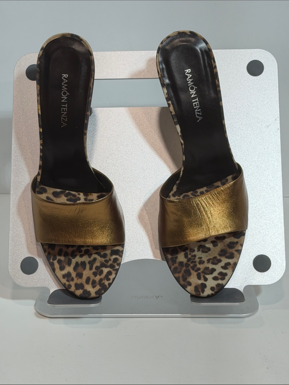 Vintage Ramón Tenza Spain Elephant Heel Metallic Gold Leopard Mule Slides